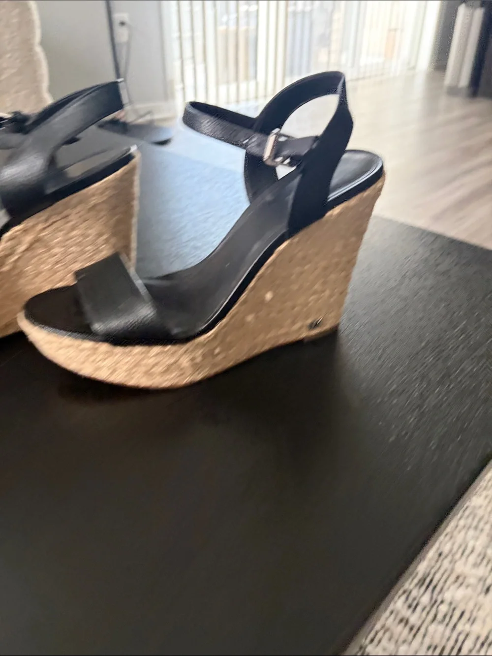 MICHAEL Michael Kors Black Leather Ankle-Strap Espadrille Wedges